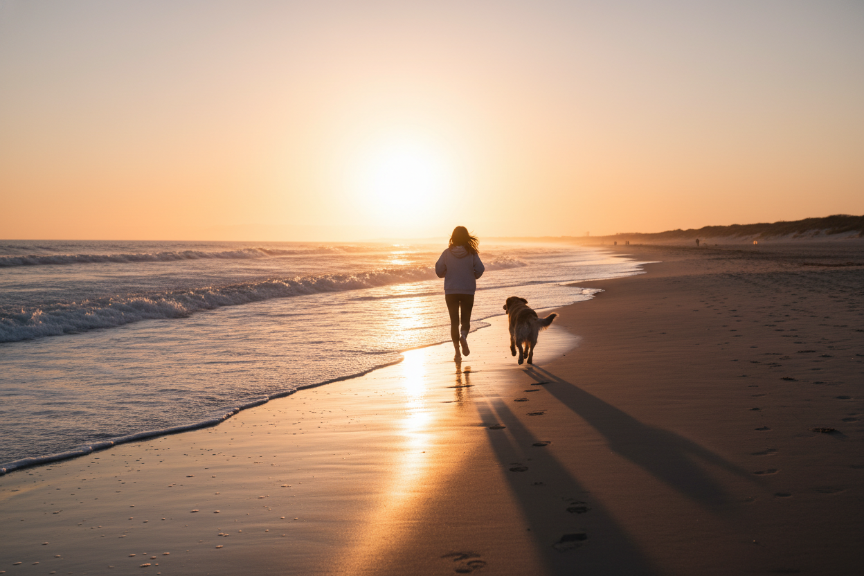 A woman with a hoodie running on the beach with her Golden Retriever dog. The sun is setting, we are seeing them from behind and afar.